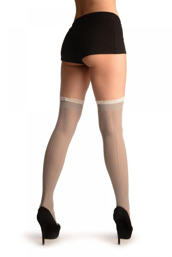 Liss Kiss Grey Chevron Crochet Knit With Lace Trim - Over The Knee Socks