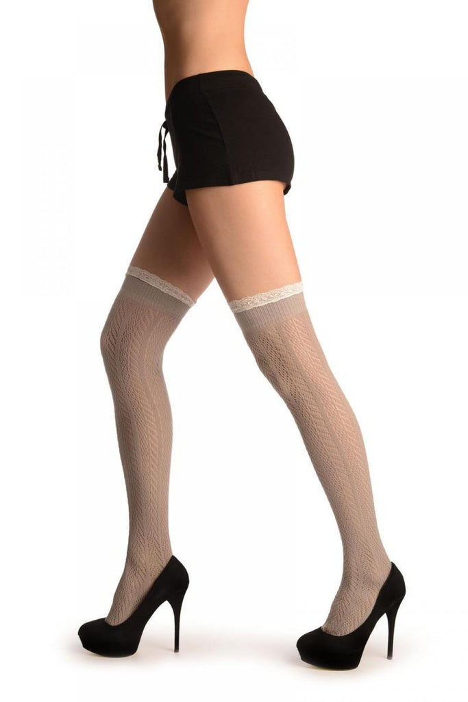 Liss Kiss Grey Chevron Crochet Knit With Lace Trim - Over The Knee Socks