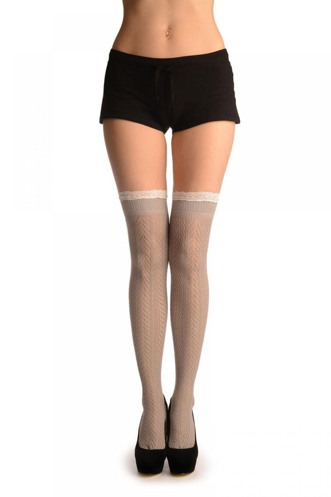 liss kiss Grey Chevron Crochet Knit With Lace Trim - Over The Knee Socks