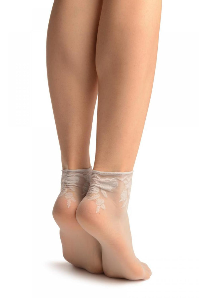 Liss Kiss Grey Chrysanthemum Flowers With Comfortable Top Ankle High Sock - Socks