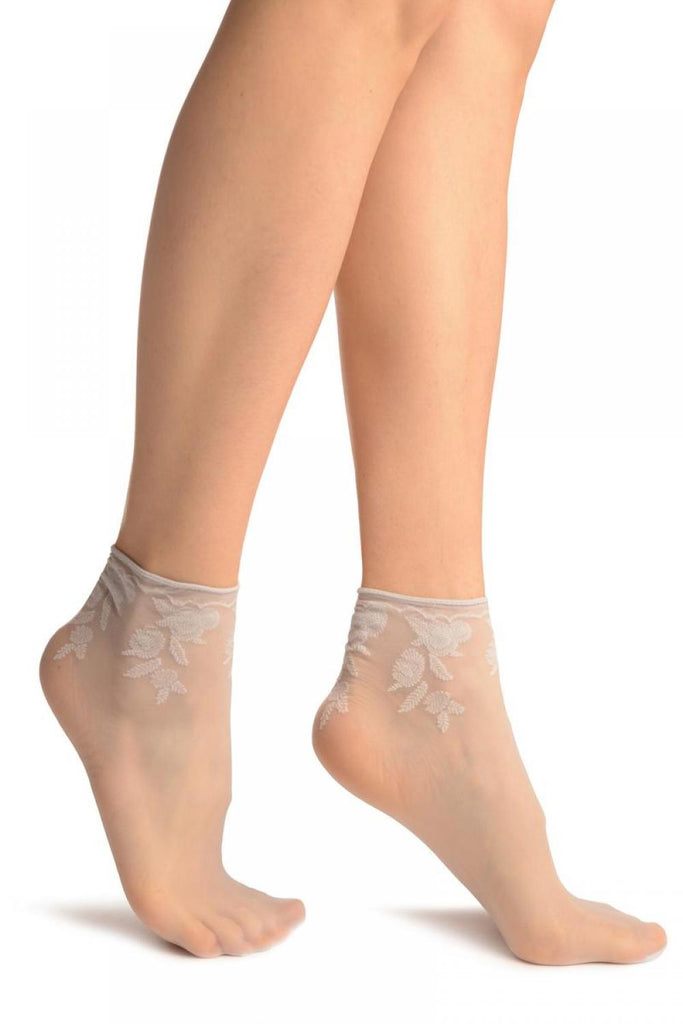 liss kiss Grey Chrysanthemum Flowers With Comfortable Top Ankle High Sock - Socks