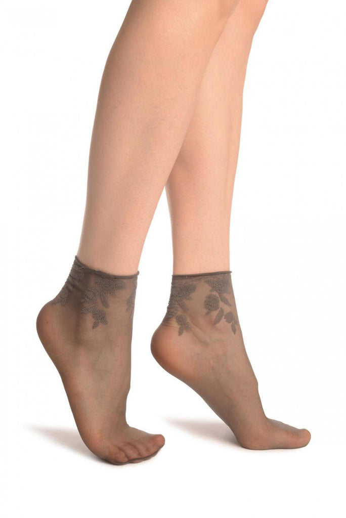 Liss Kiss Grey Chrysanthemum Flowers With Comfortable Top Ankle High Sock - Socks