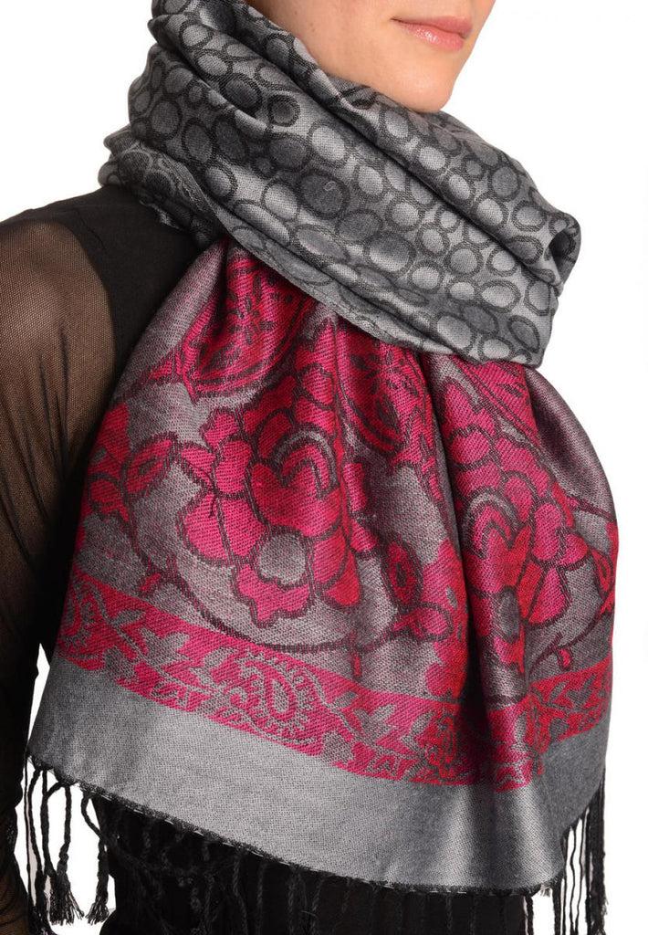 Liss Kiss Grey Circles And Bright Pink Flowers On Dark Grey Pashmina With Tassels - Scarf