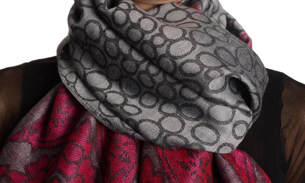 Liss Kiss Grey Circles And Bright Pink Flowers On Dark Grey Pashmina With Tassels - Scarf