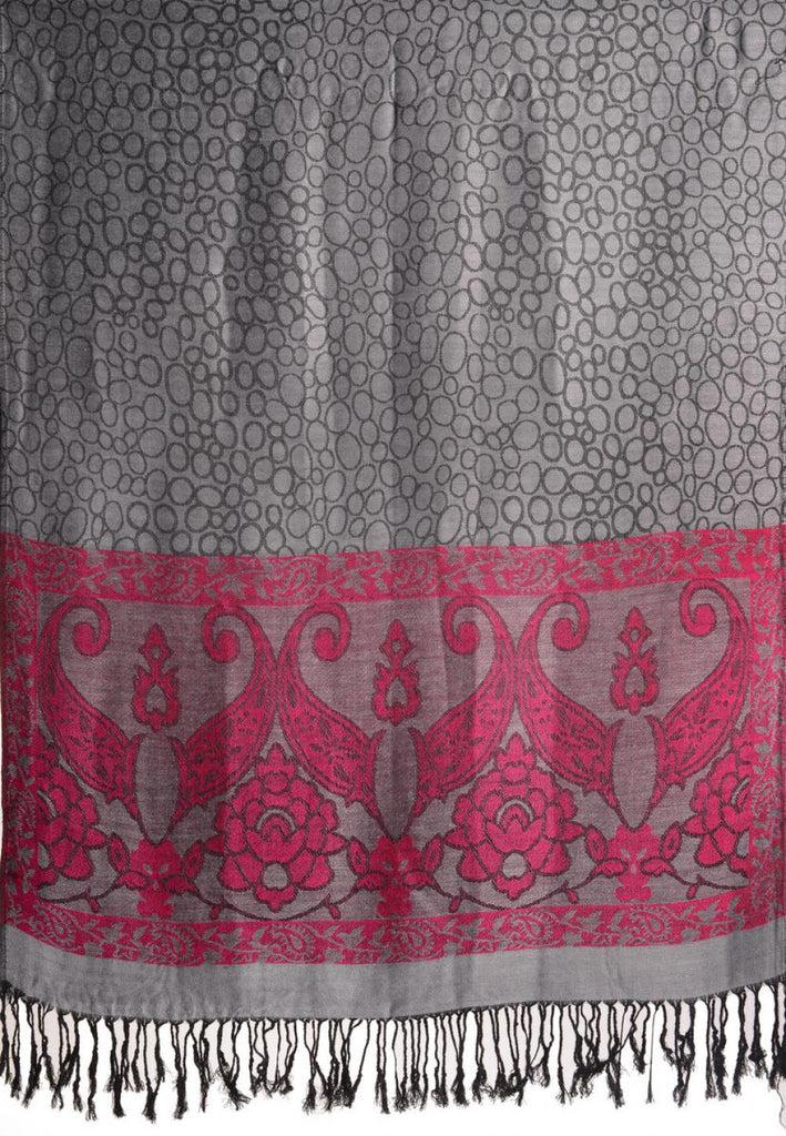 Liss Kiss Grey Circles And Bright Pink Flowers On Dark Grey Pashmina With Tassels - Scarf