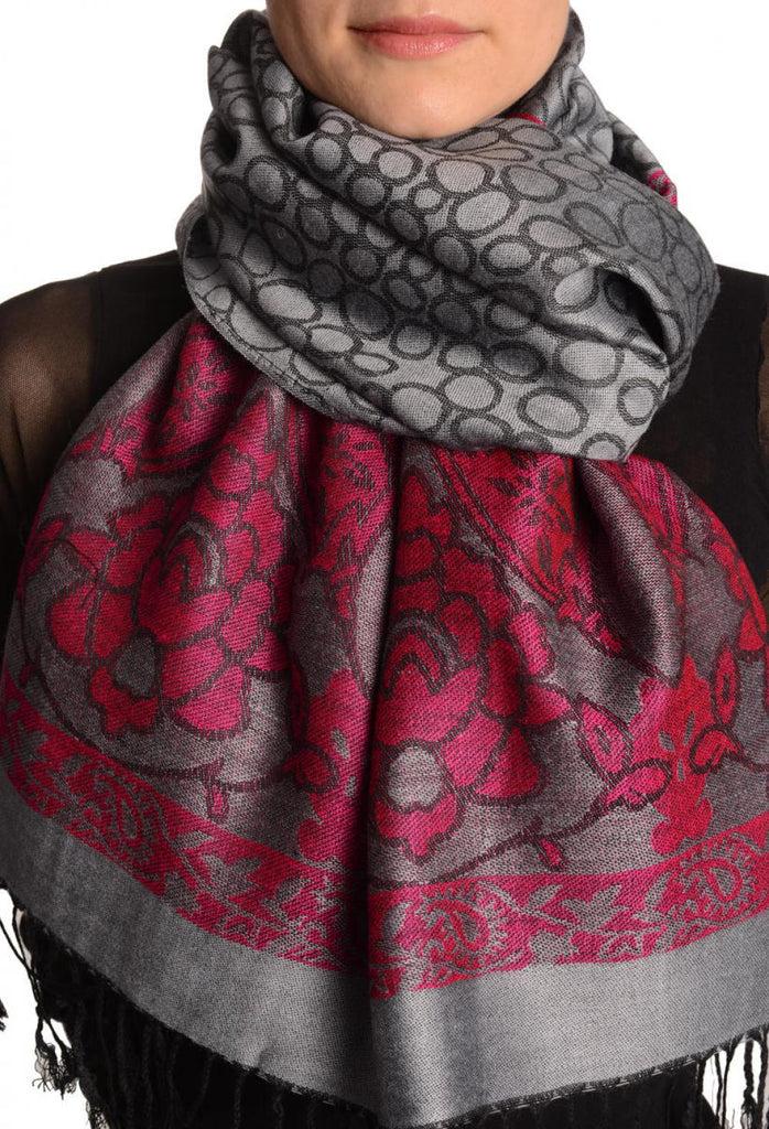 liss kiss Grey Circles And Bright Pink Flowers On Dark Grey Pashmina With Tassels - Scarf