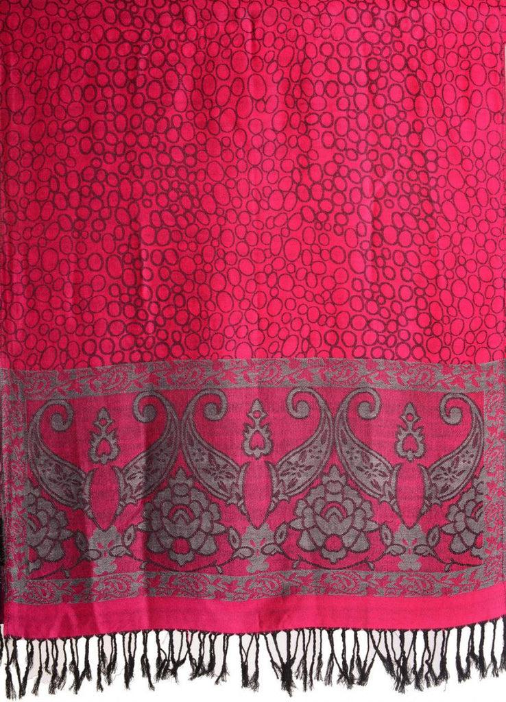 Liss Kiss Grey Circles And Grey Flowers On Bright Pink Pashmina With Tassels - Scarf