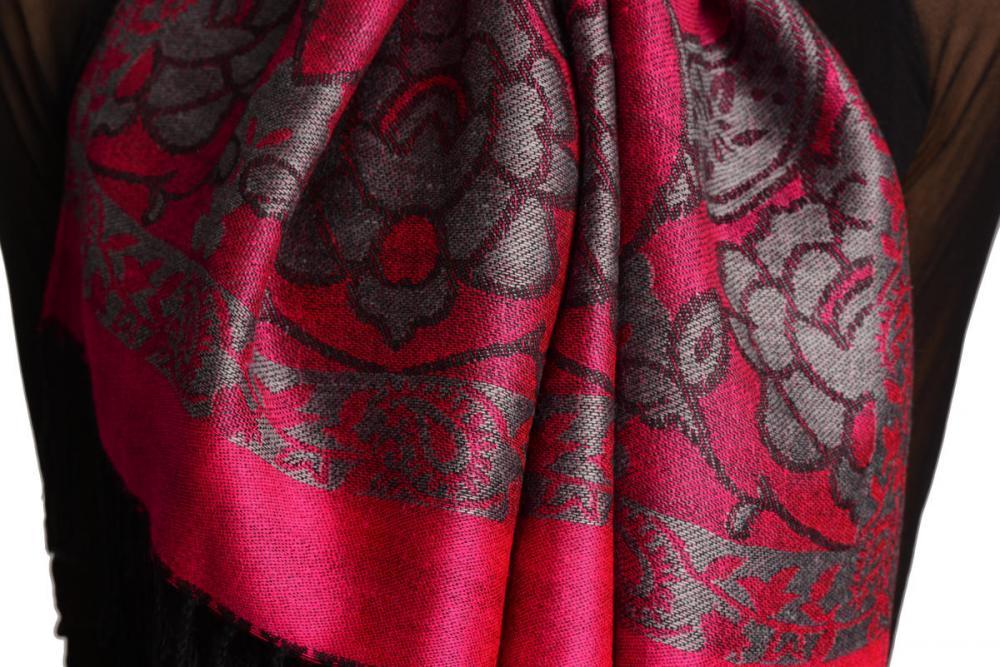 Liss Kiss Grey Circles And Grey Flowers On Bright Pink Pashmina With Tassels - Scarf