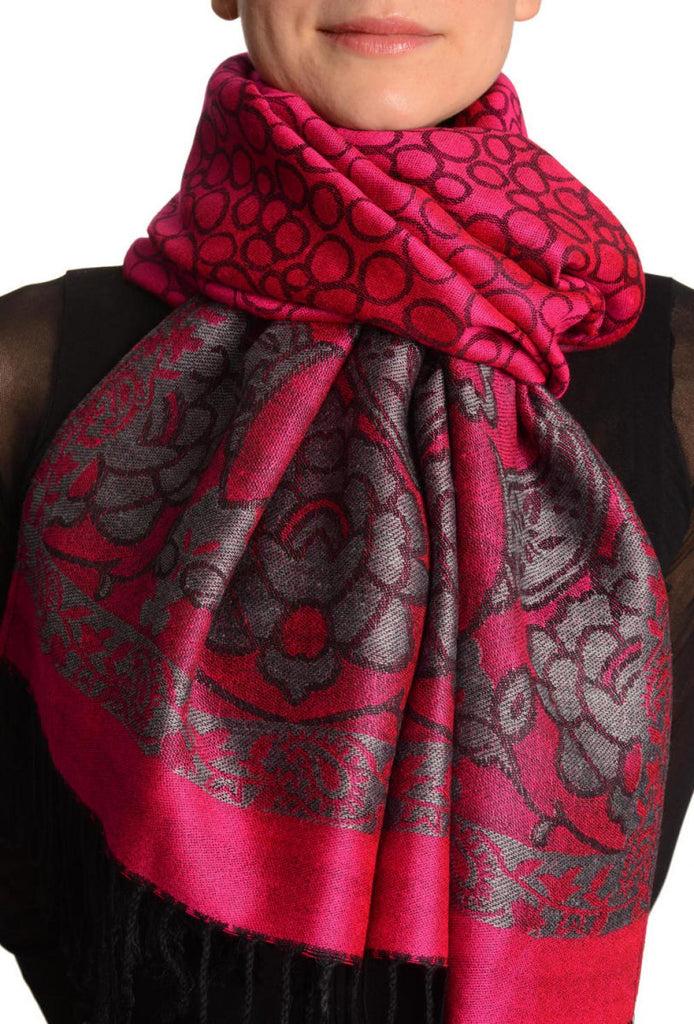 liss kiss Grey Circles And Grey Flowers On Bright Pink Pashmina With Tassels - Scarf