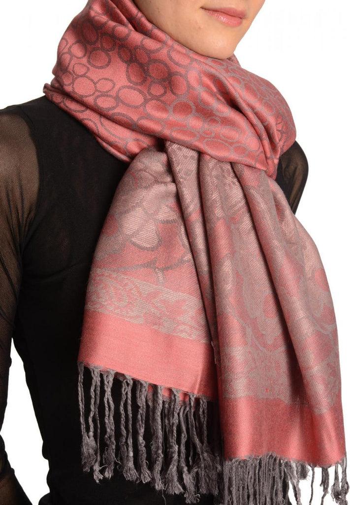 Liss Kiss Grey Circles And Grey Flowers On Soft Pink Pashmina With Tassels - Scarf