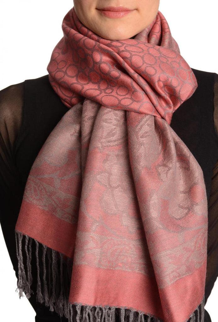 liss kiss Grey Circles And Grey Flowers On Soft Pink Pashmina With Tassels - Scarf