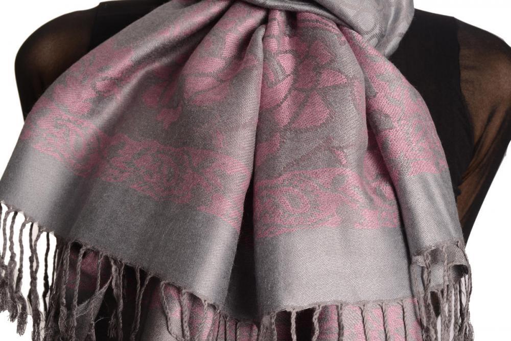 Liss Kiss Grey Circles And Soft Pink Flowers On Light Grey Pashmina With Tassels - Scarf
