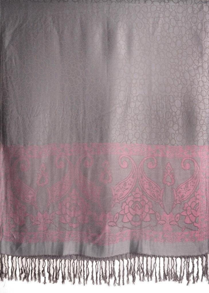 Liss Kiss Grey Circles And Soft Pink Flowers On Light Grey Pashmina With Tassels - Scarf