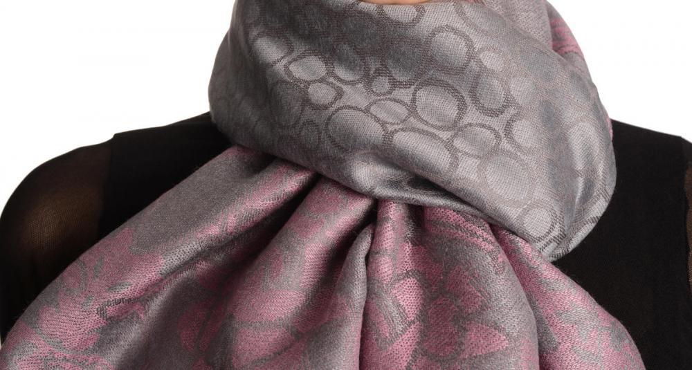 Liss Kiss Grey Circles And Soft Pink Flowers On Light Grey Pashmina With Tassels - Scarf
