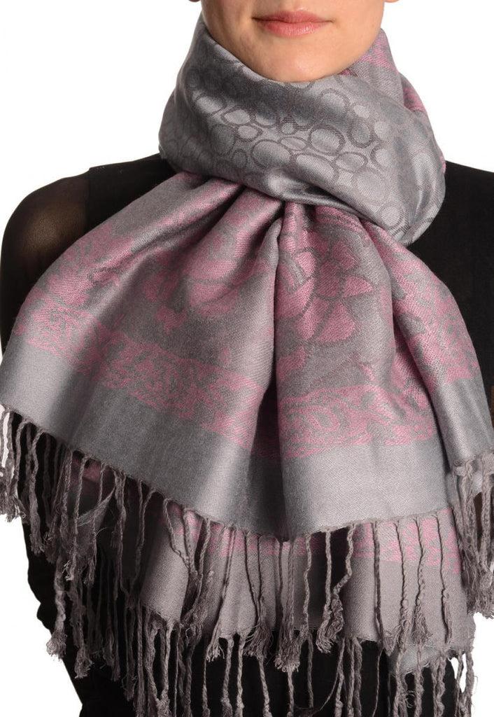 liss kiss Grey Circles And Soft Pink Flowers On Light Grey Pashmina With Tassels - Scarf