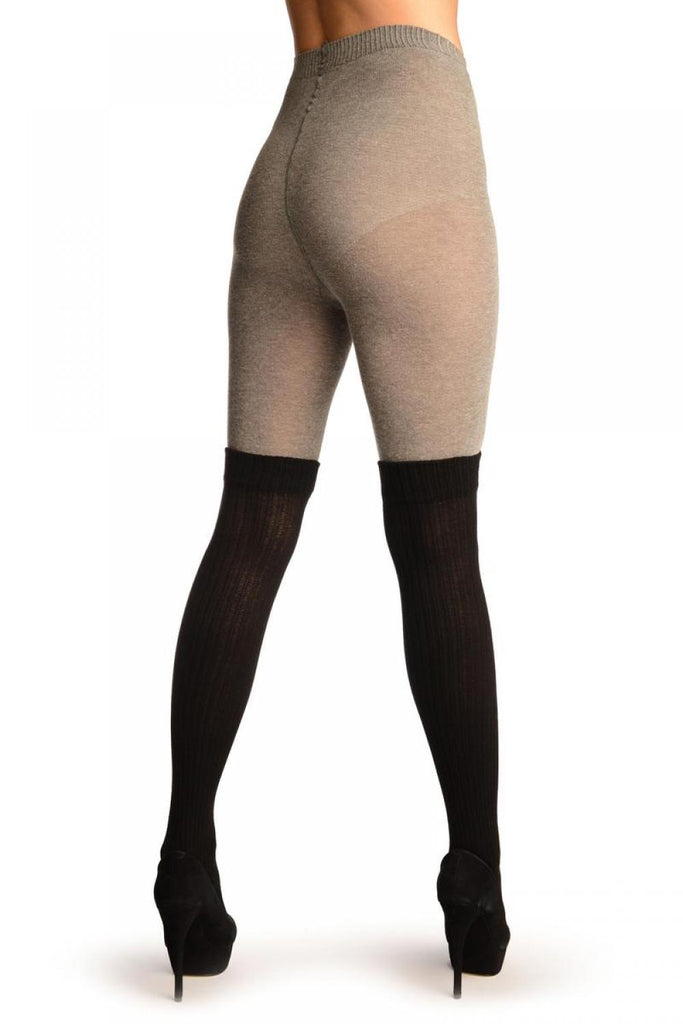 Liss Kiss Grey Cotton With Black Ribbed Faux Over The Knee (Winter) Tights - Tights