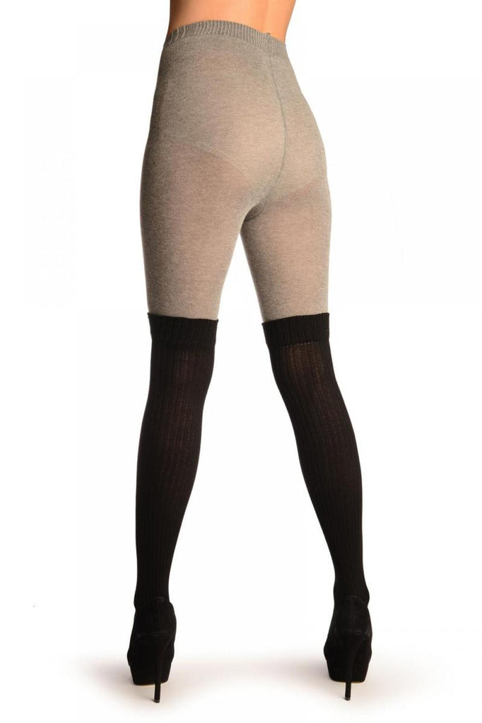 Liss Kiss Grey Cotton With Black Ribbed Faux Over The Knee (Winter) Tights - Tights