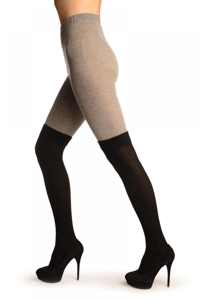 Liss Kiss Grey Cotton With Black Ribbed Faux Over The Knee (Winter) Tights - Tights
