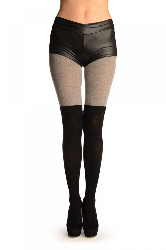 liss kiss Grey Cotton With Black Ribbed Faux Over The Knee (Winter) Tights - Tights