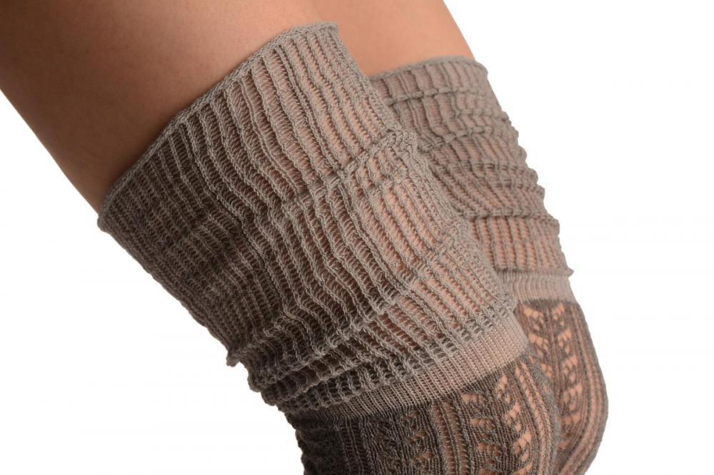 Liss Kiss Grey Crochet Lace With Extended Top - Over The Knee Socks