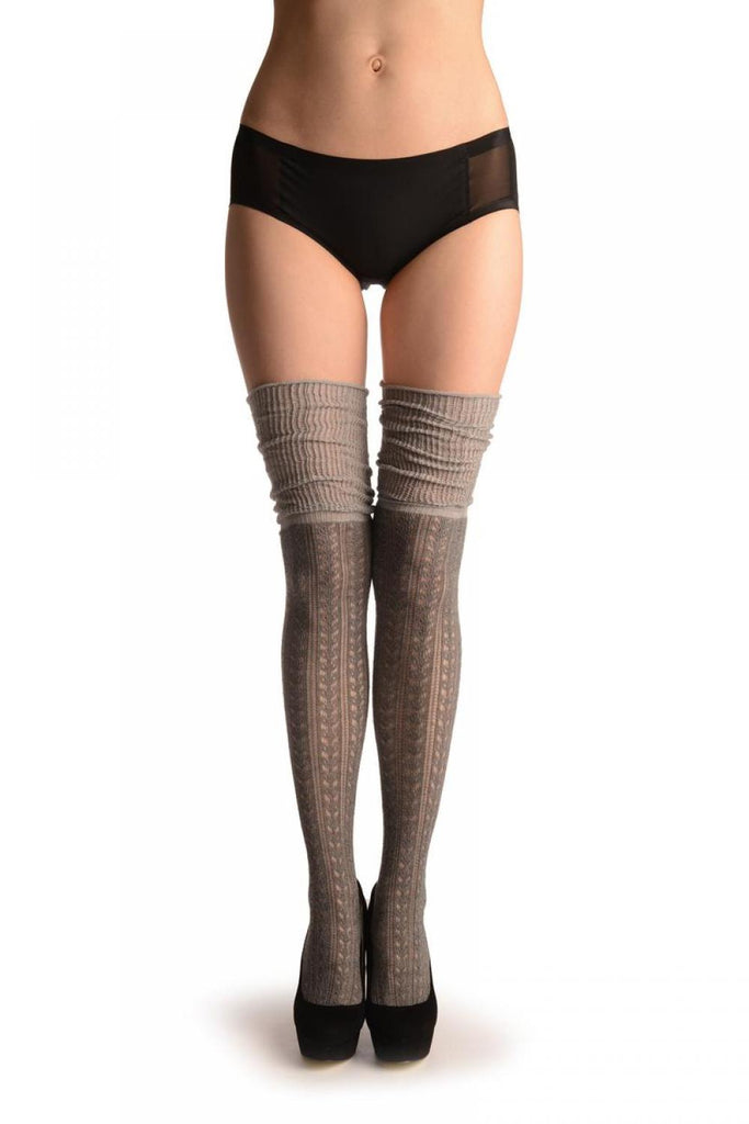 Liss Kiss Grey Crochet Lace With Extended Top - Over The Knee Socks