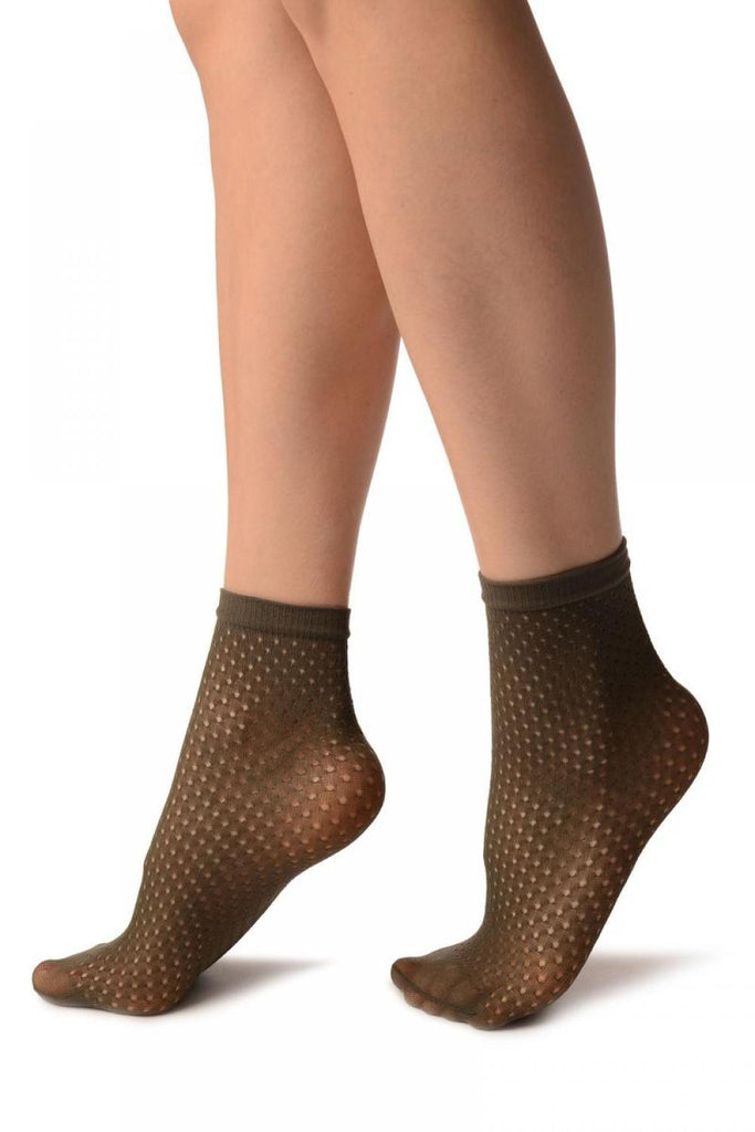 Liss Kiss Grey Crochet Polka Dots Lace Top Ankle High Socks - Socks