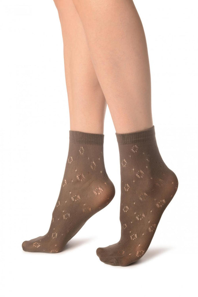Liss Kiss Grey Crochet Rombs Ankle High Socks - Socks