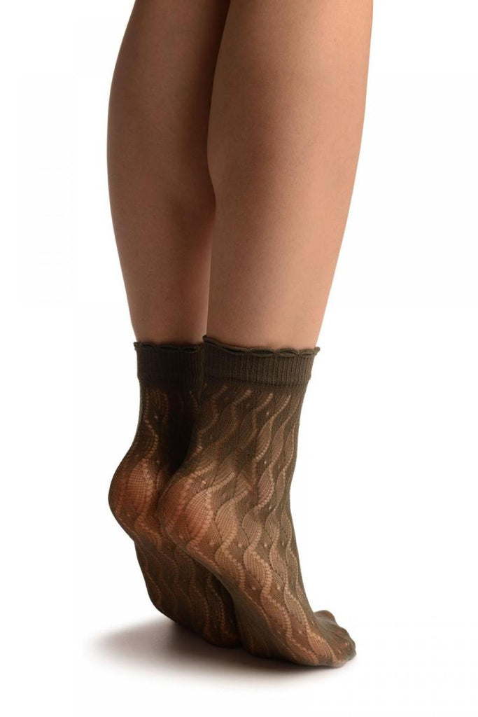 Liss Kiss Grey Crochet Waves Lace Top Ankle High Socks - Socks