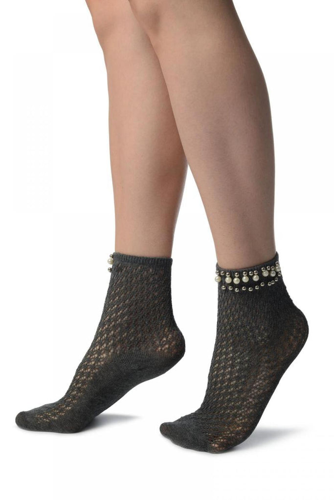 Liss Kiss Grey Crochet With Pearls And Silver Beads Stripe Ankle High Socks - Socks