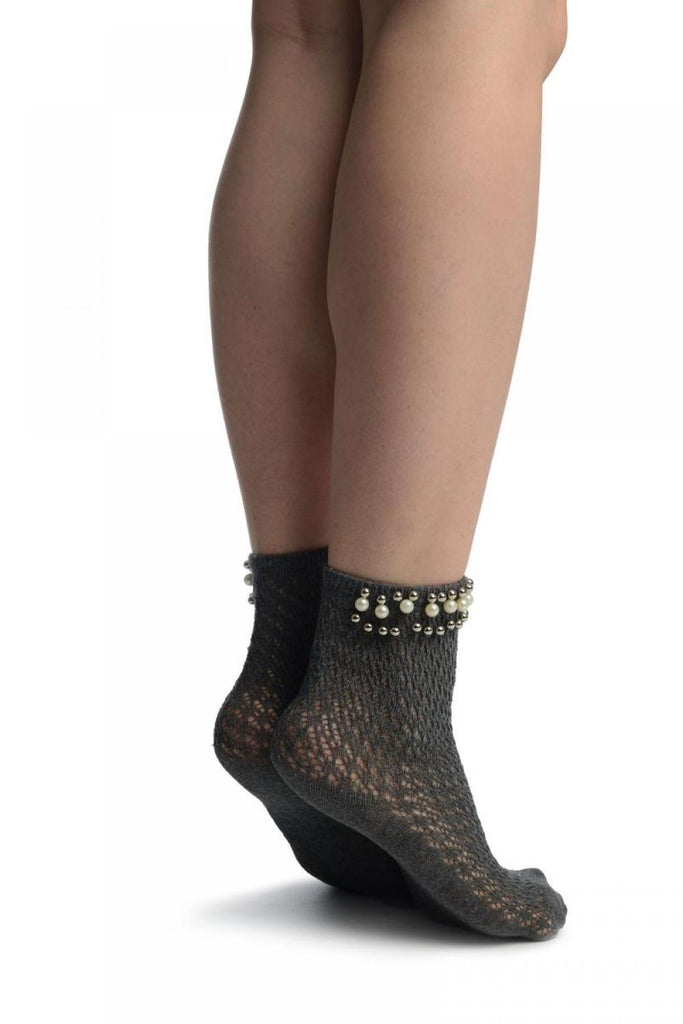 Liss Kiss Grey Crochet With Pearls And Silver Beads Stripe Ankle High Socks - Socks