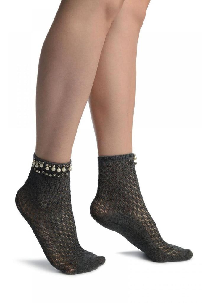 liss kiss Grey Crochet With Pearls and Silver Beads Stripe Ankle High Socks - Socks