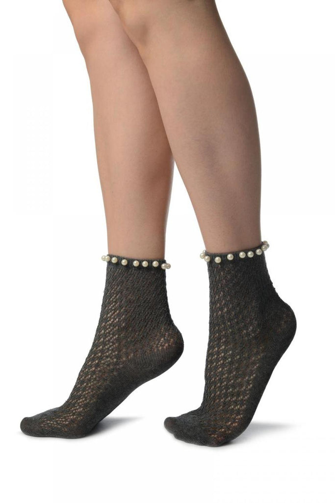 Liss Kiss Grey Crochet With Pearls Ankle High Socks - Socks
