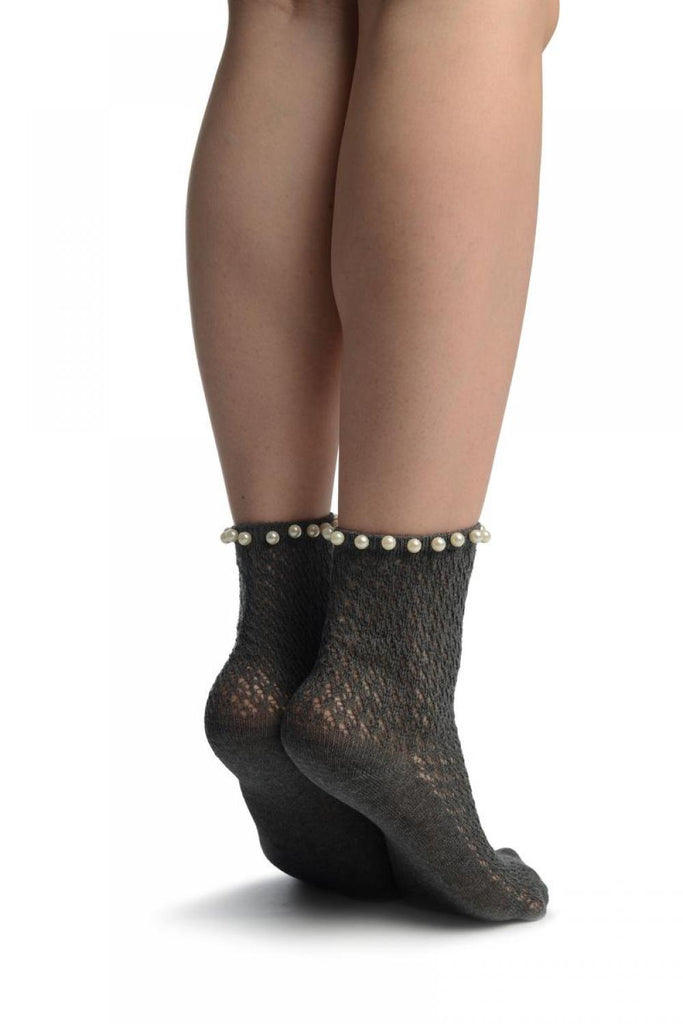 Liss Kiss Grey Crochet With Pearls Ankle High Socks - Socks