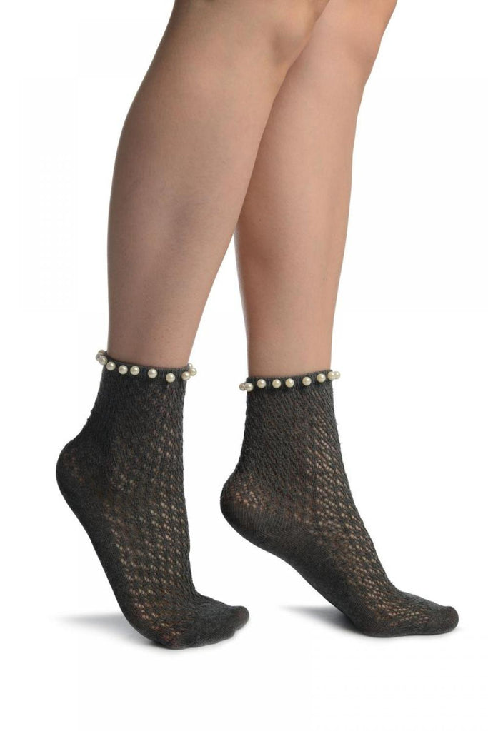 liss kiss Grey Crochet With Pearls Ankle High Socks - Socks