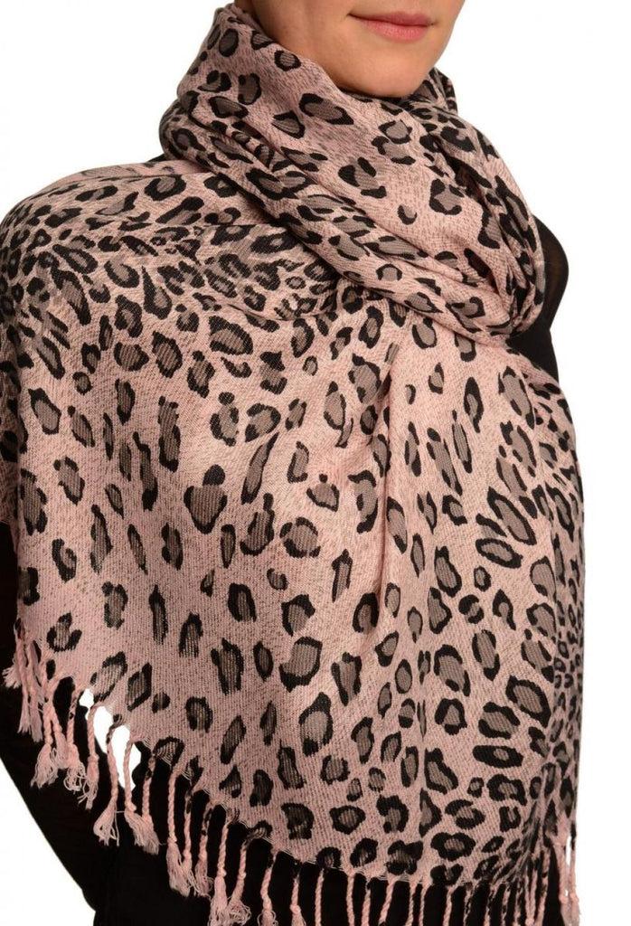 Liss Kiss Grey Diagonal Leopard On Pink Pashmina Feel With Tassels - Scarf