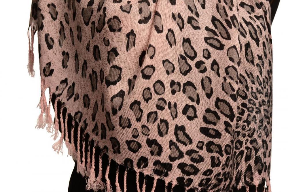 Liss Kiss Grey Diagonal Leopard On Pink Pashmina Feel With Tassels - Scarf
