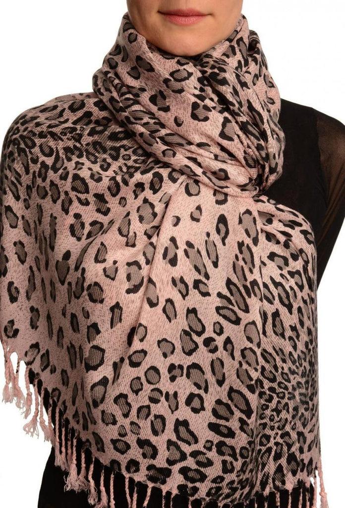 liss kiss Grey Diagonal Leopard On Pink Pashmina Feel With Tassels - Scarf