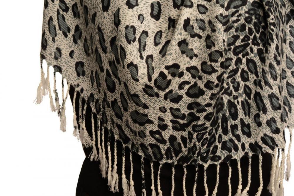 Liss Kiss Grey Diagonal Leopard On White Pashmina Feel With Tassels - Scarf
