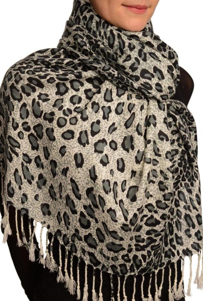 Liss Kiss Grey Diagonal Leopard On White Pashmina Feel With Tassels - Scarf