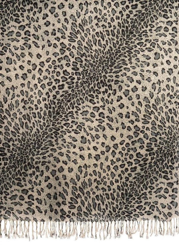 Liss Kiss Grey Diagonal Leopard On White Pashmina Feel With Tassels - Scarf