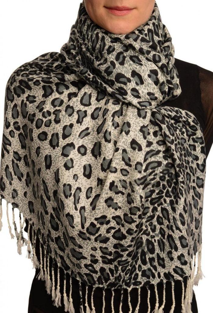 liss kiss Grey Diagonal Leopard On White Pashmina Feel With Tassels - Scarf
