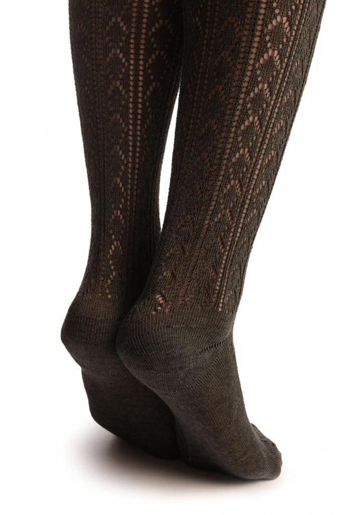 Liss Kiss Grey Diamond Crochet Knit With Wide Lace Trim - Over The Knee Socks