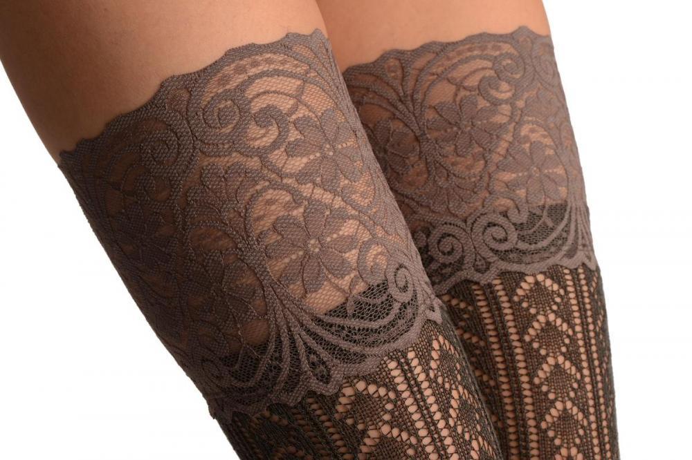 Liss Kiss Grey Diamond Crochet Knit With Wide Lace Trim - Over The Knee Socks