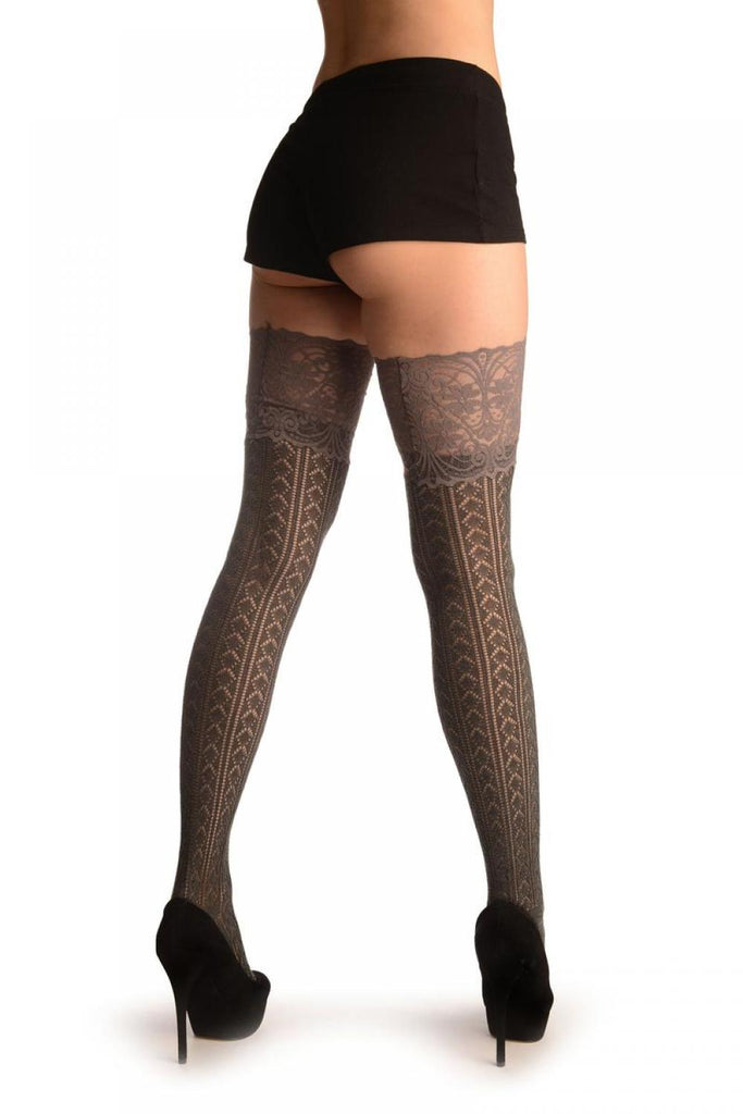 Liss Kiss Grey Diamond Crochet Knit With Wide Lace Trim - Over The Knee Socks
