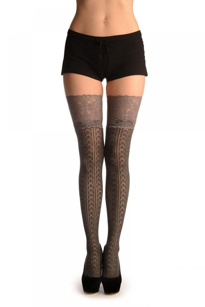 Liss Kiss Grey Diamond Crochet Knit With Wide Lace Trim - Over The Knee Socks