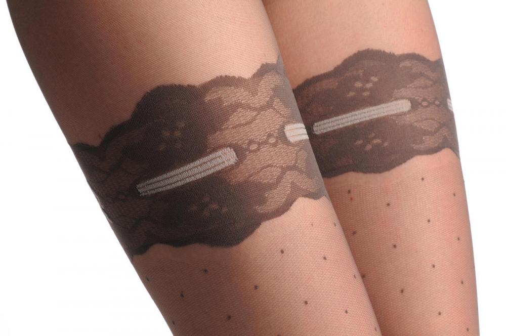 Liss Kiss Grey Dotted With Lace Garter And Top & Grey Ribbon With Bow 20 Den - Tights