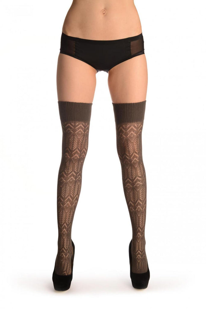Liss Kiss Grey Double Diamonds Crochet Lace With Elasticated Top - Hold Ups