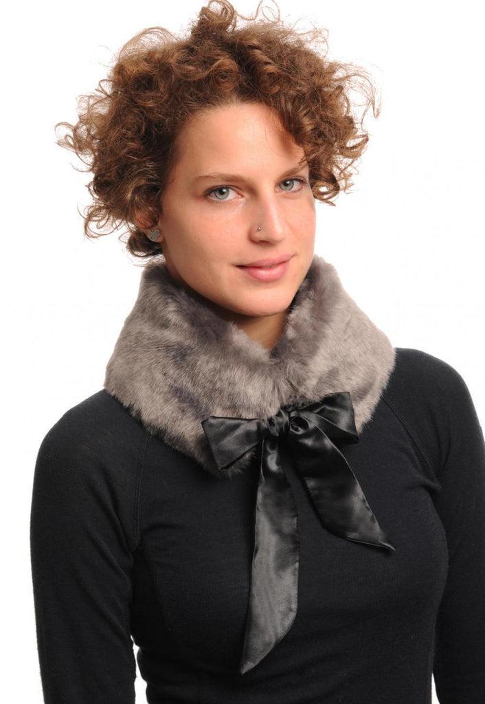 Liss Kiss Grey Faux Fur Collar With Satin Bow Collar Scarf - Collar