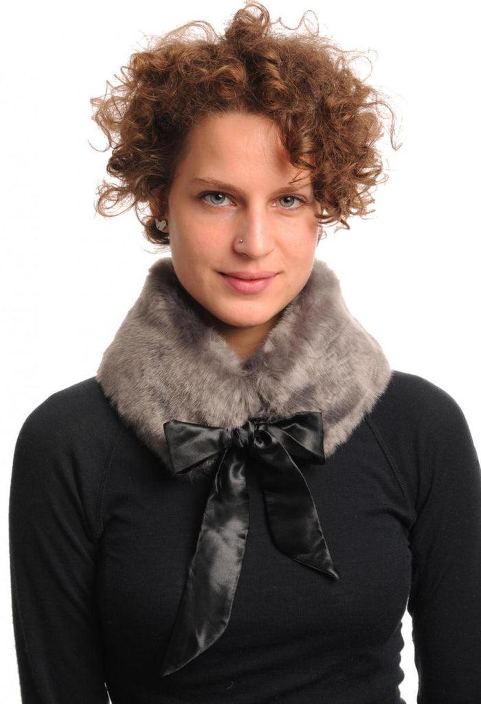 Liss Kiss Grey Faux Fur Collar With Satin Bow Collar Scarf - Collar