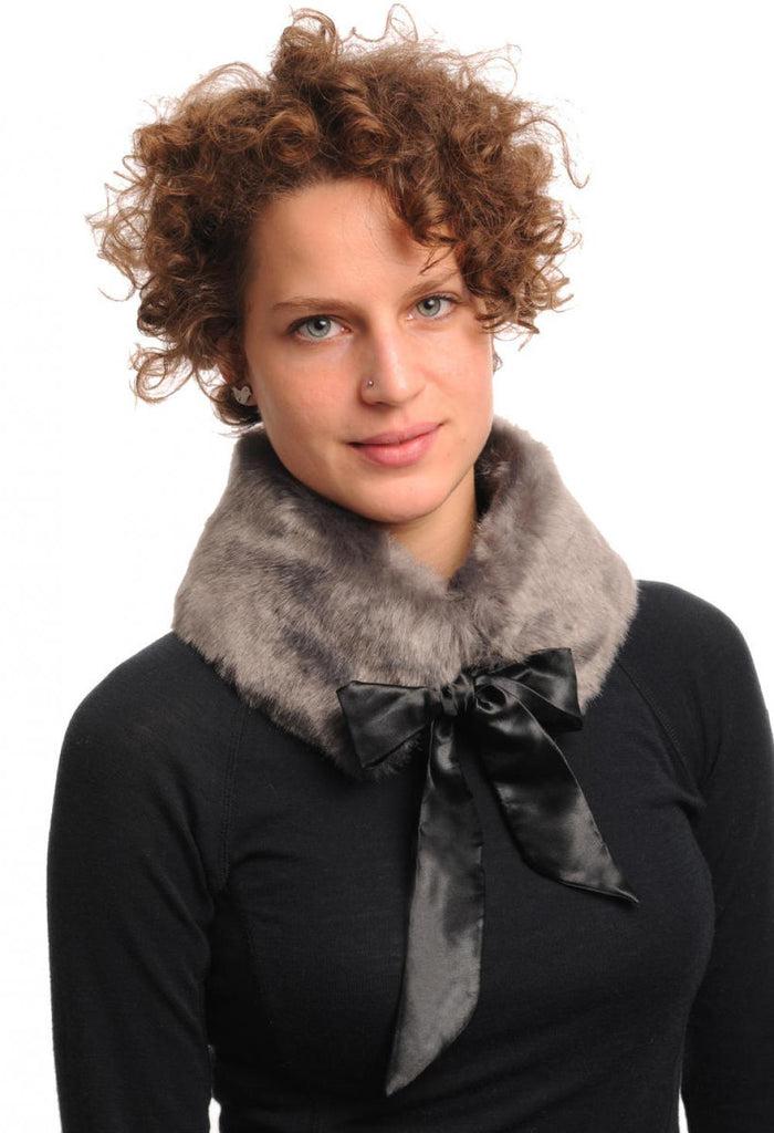 Liss Kiss Grey Faux Fur Collar With Satin Bow Collar Scarf - Collar